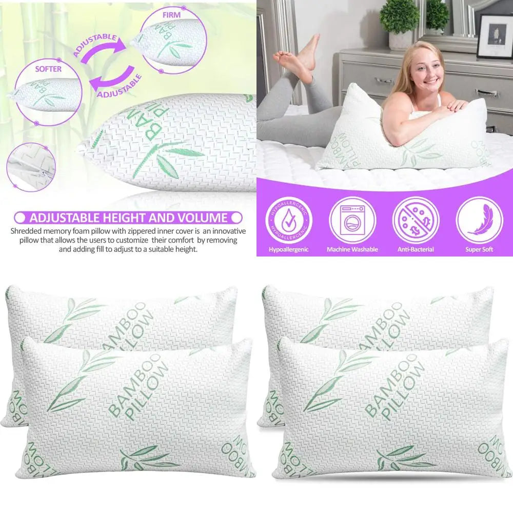 King Size Cooling Memory Foam Pillows Set of 2 – Shredded Foam with Removable Bamboo Rayon Cover for Comfortable Sleep