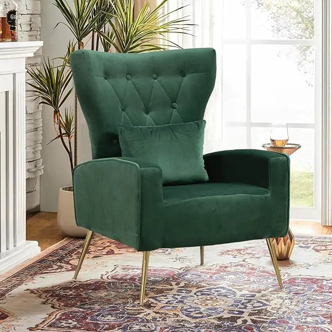 Velvet Accent Arm Chair Mid-Century Modern Living Room Chair Wingback Bedroom Side Chair with Gold Legs & Pillow