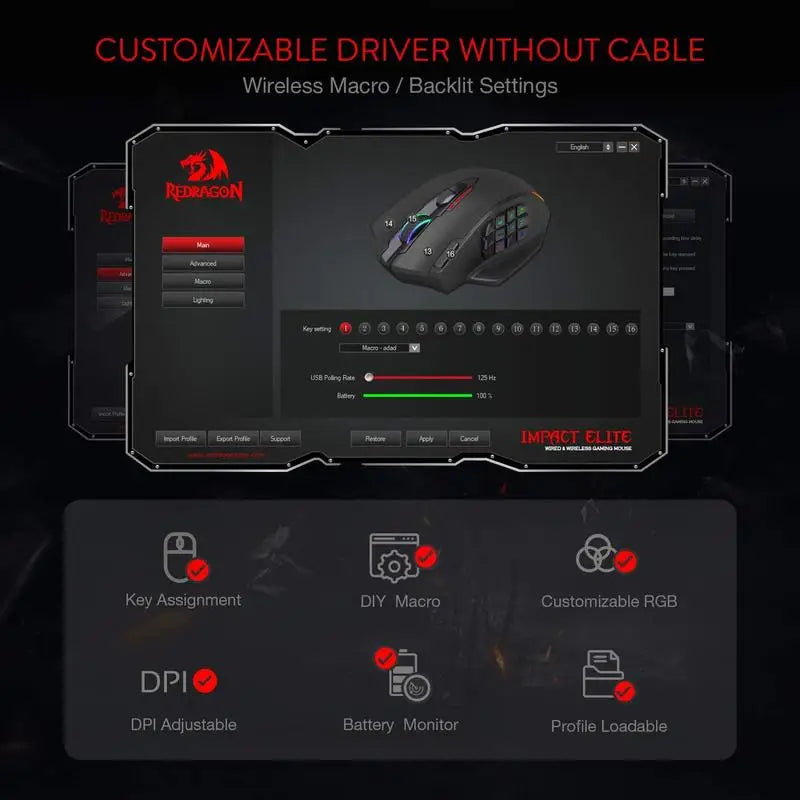Redragon M913 Gaming 16000 DPI Wired 2.4Ghz Wireless RGB Optical Gamer Mice 16 Programmable Buttons Black/White Mouse