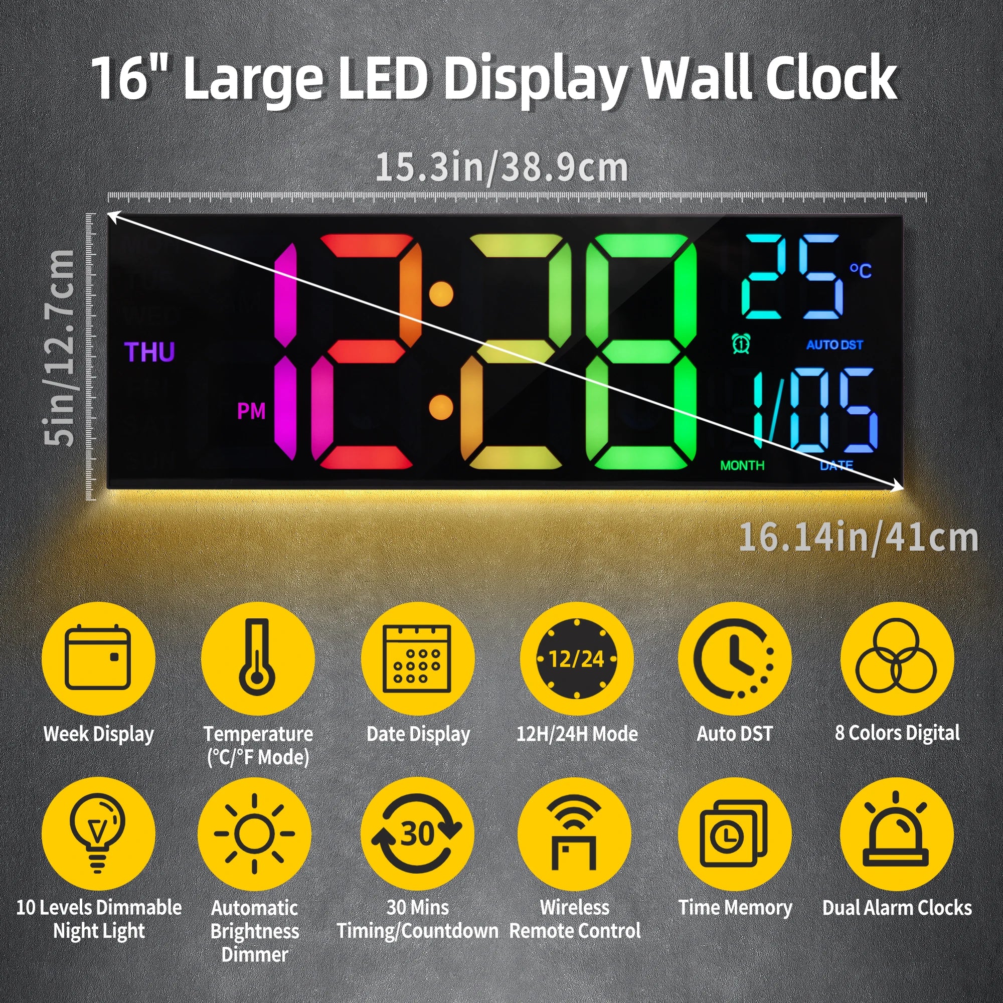 16’’ Large Digital Wall Clock Big LED Display with Remote 8 RGB Color Alarm DST Temperature for Living Room Kitchen