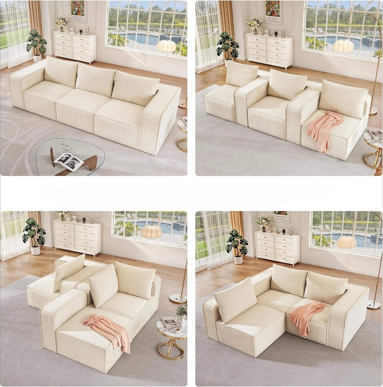 Luxurious 3-Seat Deep Modular Sectional Sofa with Cloud Comfort and 3 Pillows in Corduroy for Living Spaces