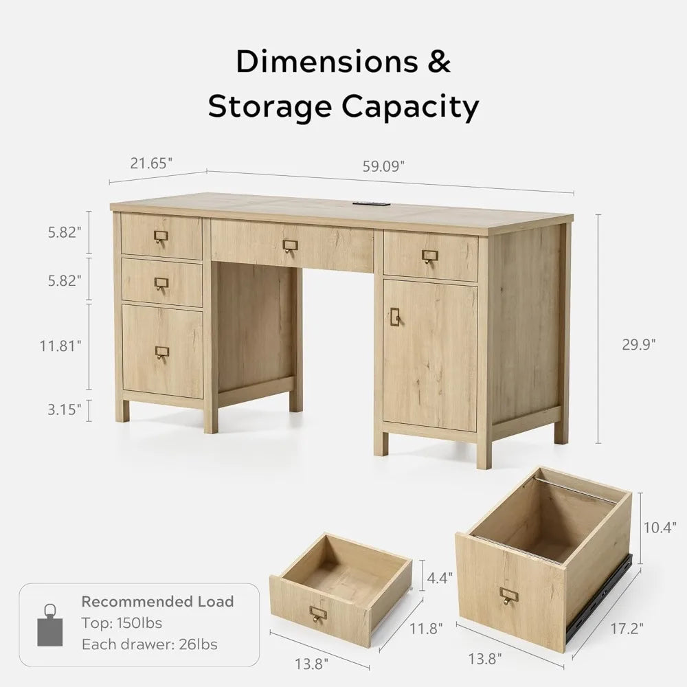 Modern Executive Desk with File Drawers Cabinet 59’’ Computer Desk with Charging Station Office Workstation w/ Keyboard