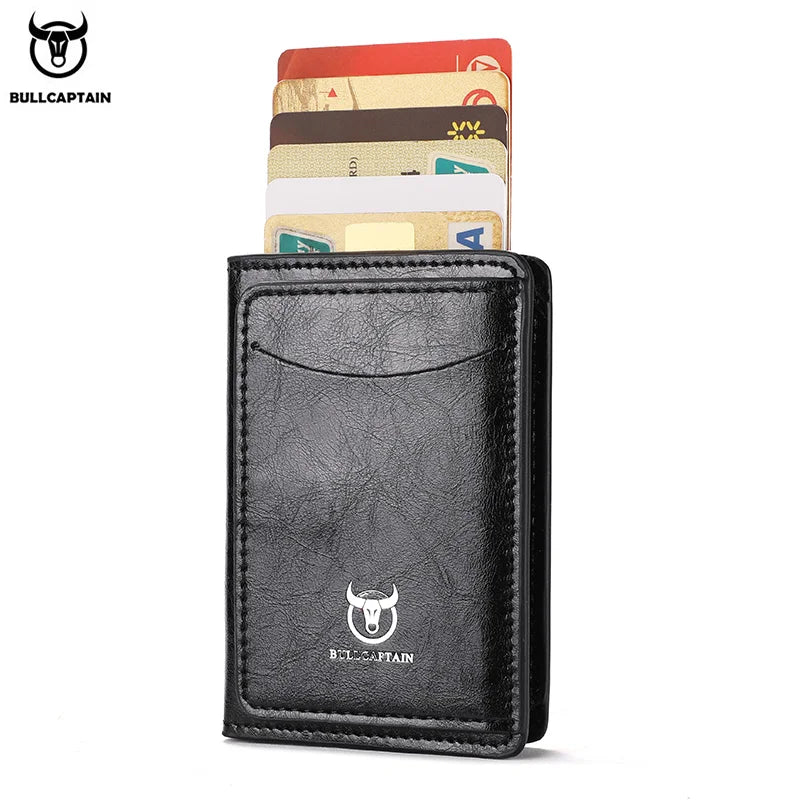 Bullcaptain Credit Card Holder Men Wallet RFID Blocking Protected Aluminium Box Leather Wallets with Money Clip Card