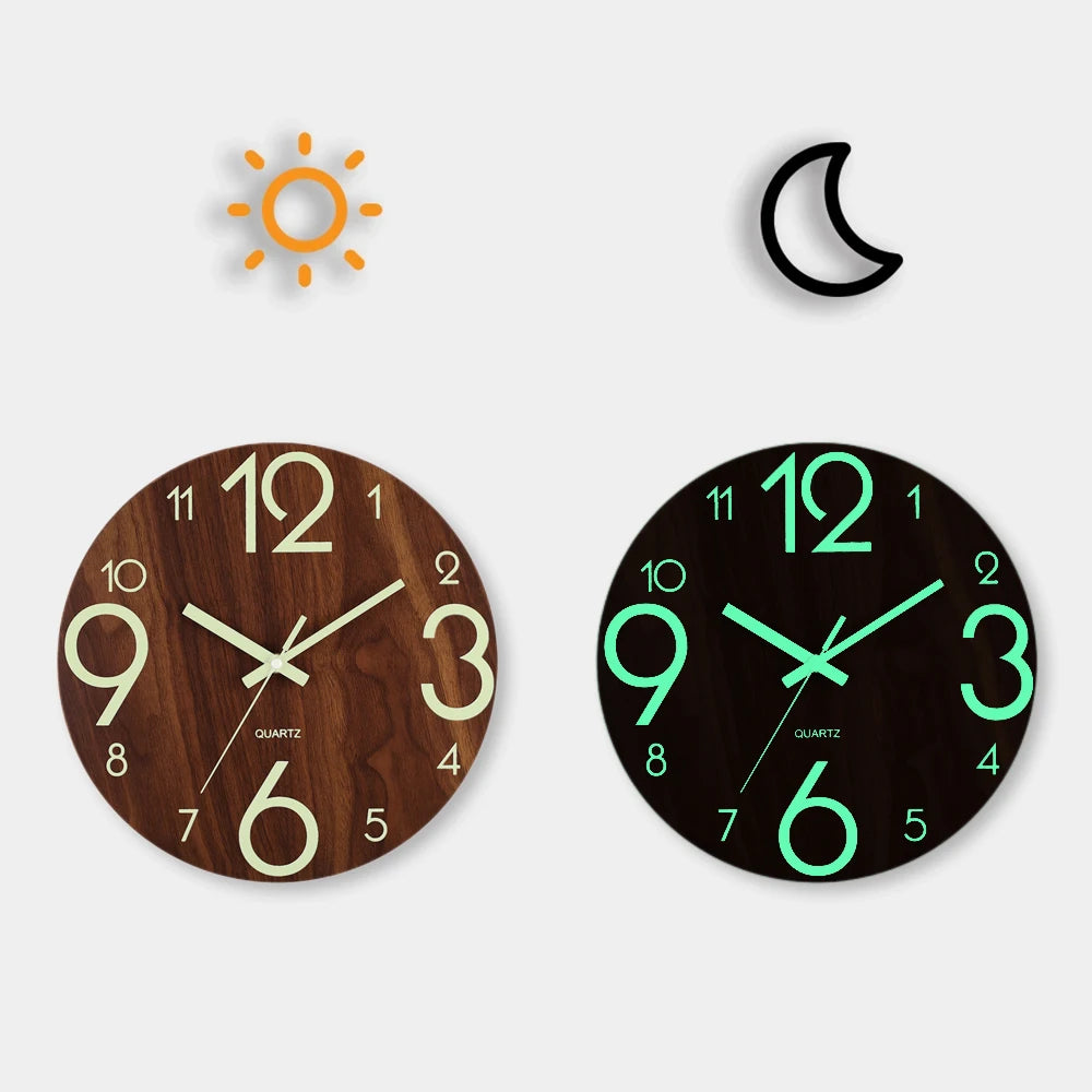 12 Inch Luminous Wall Clock Wood Silent light in dark night Nordic Fashion Wall Clock Non Ticking Clock With Night