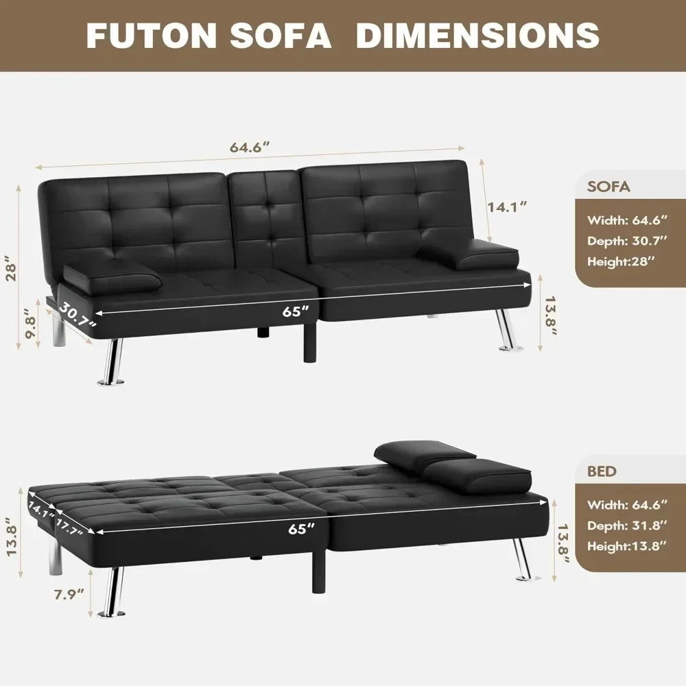 Futon Sofa Bed Leather Futon Couch with Removable Armrests Adjustable Recliner Sleeper Sofa Bed with Dual Cup Holders