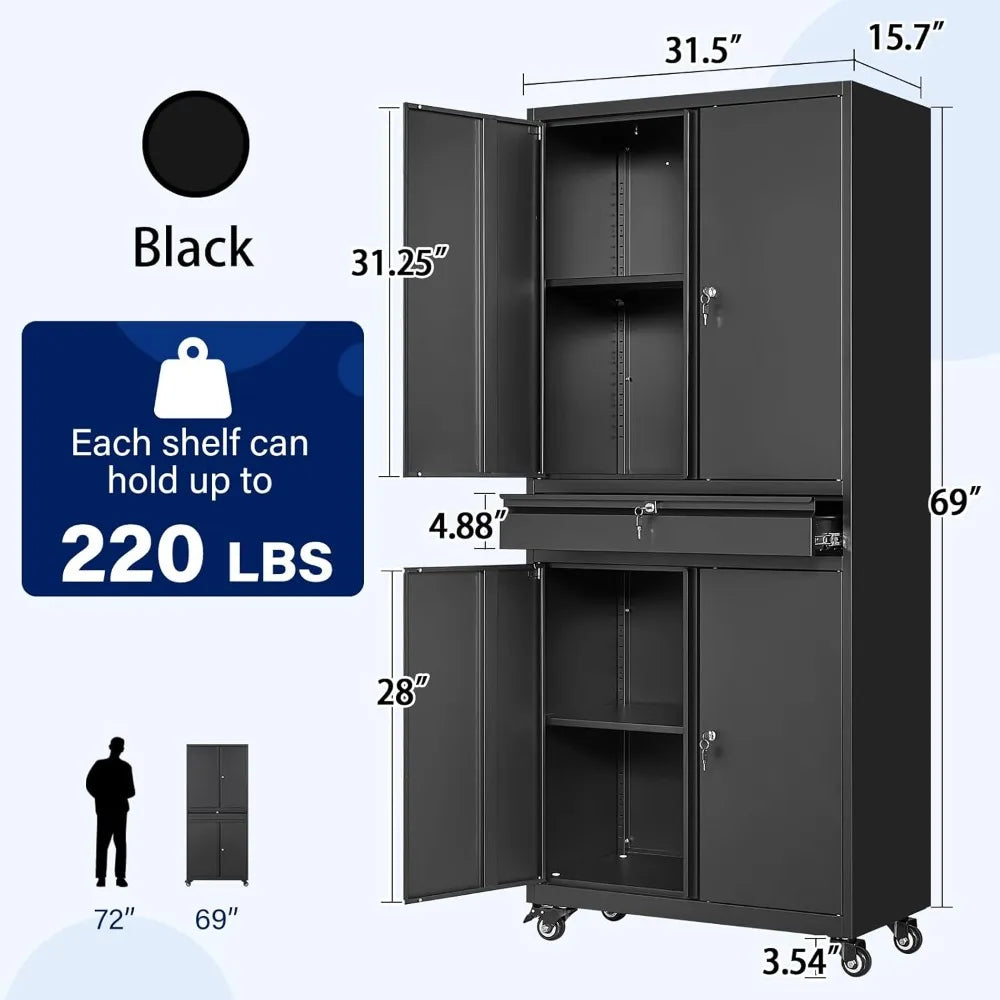 Metal Garage Storage Cabinet with Locking Doors and Adjustable Shelves Rolling Tool Storage Cabinet with 4 Wheels and 1