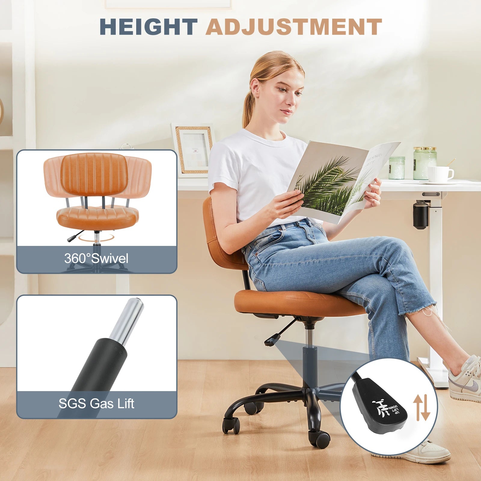 JHK Armless Office Desk Chair Back Lumbar Support Height Adjustable PU Leather Computer Chair with 360° Swivel Rolling