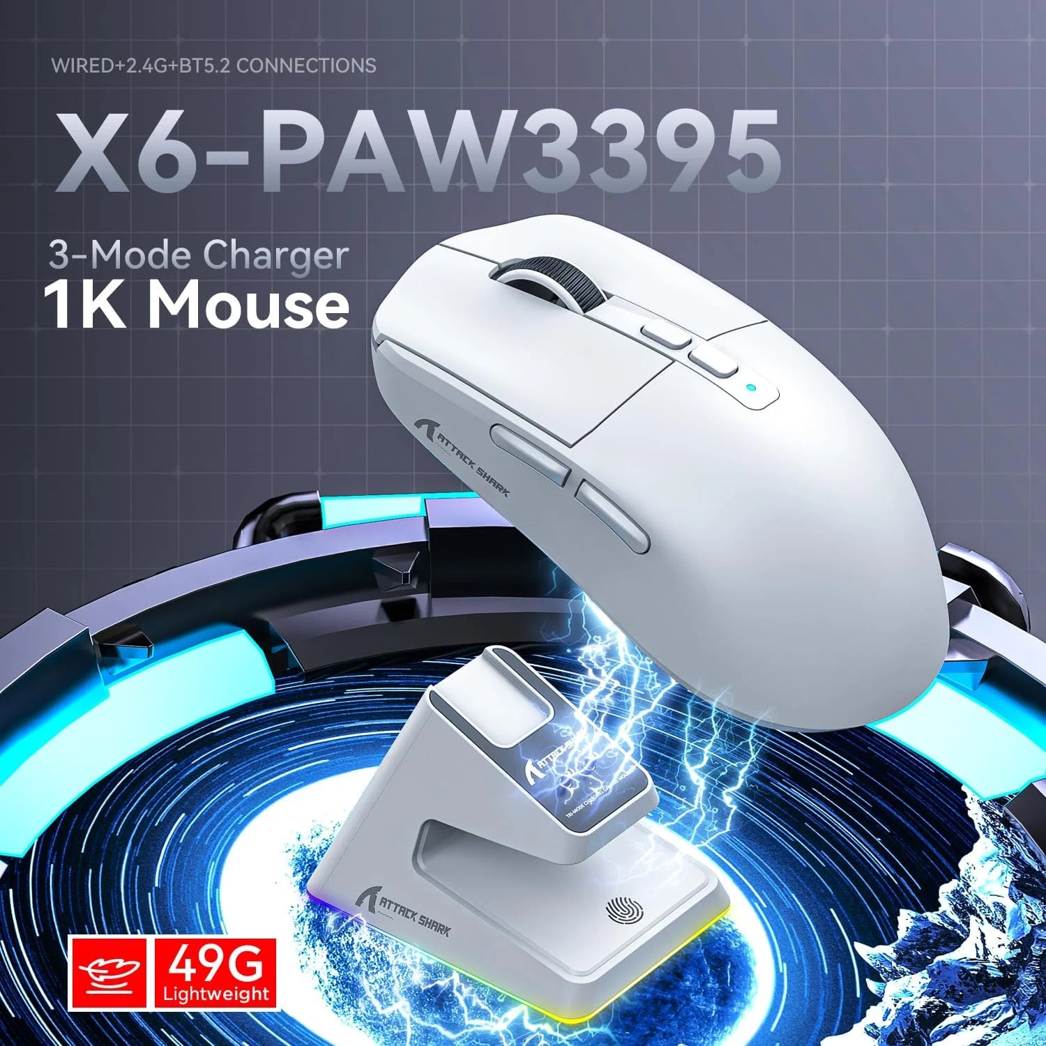 ATTACK SHARK X6 Wireless Gaming Mouse Superlight Mouse with RGB Magnetic Charging Base 2.4G/BT5.2/Wired,PAW3395 Sensor