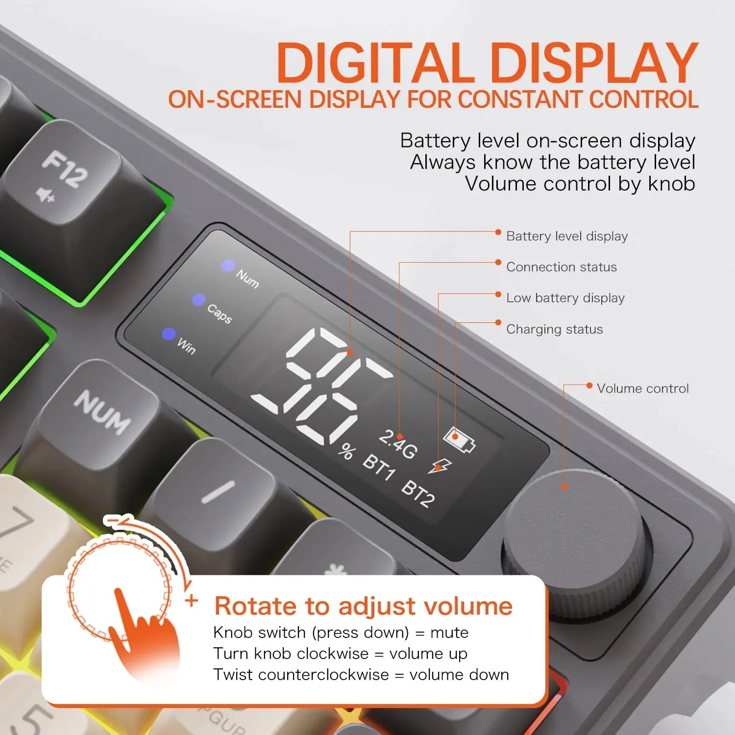 FreeWolf M96 Wireless Keyboard with Screen,Gaming Keyboard Bluetooth Dual-Mode Connection,Multi-Device