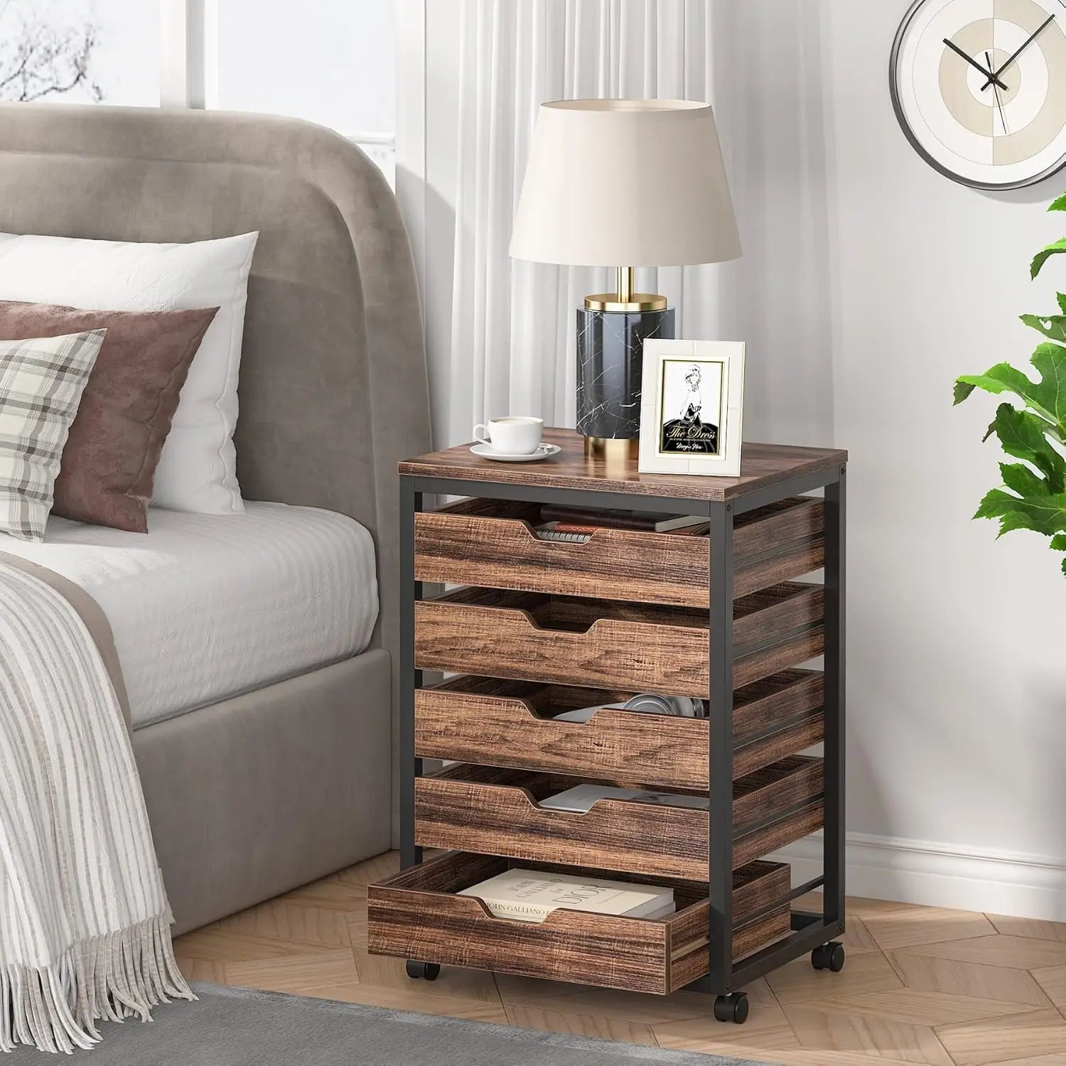 5 Drawer Chest Wood Storage Dresser Cabinet with Wheels Industrial Storage Drawer Organizer Cart for Office Bedroom