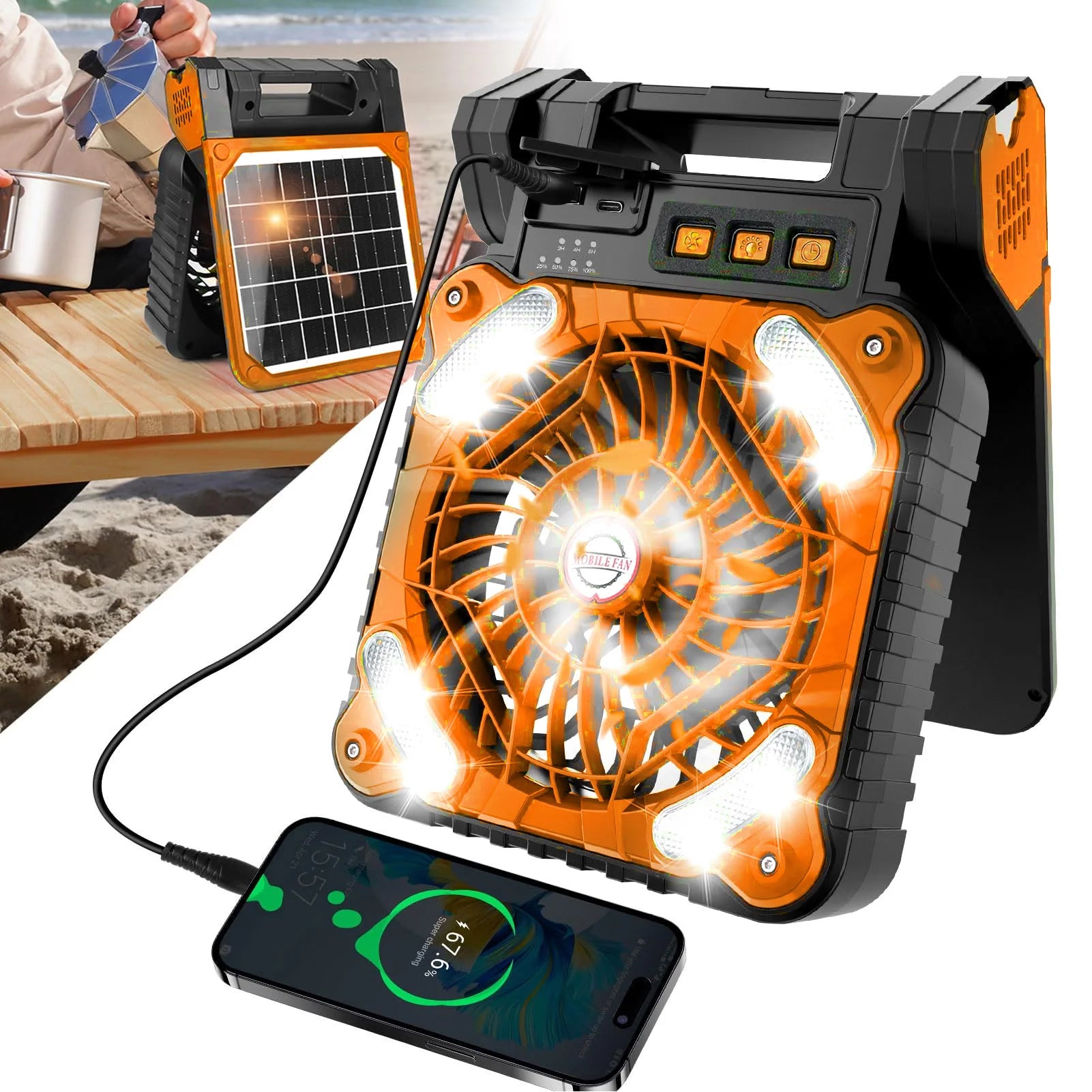 Solar Fan LED Solar Powered Fan Timer 4 Speed Adjustable Brushless Motor Solar Camping Fan Type C Charging for Fishing