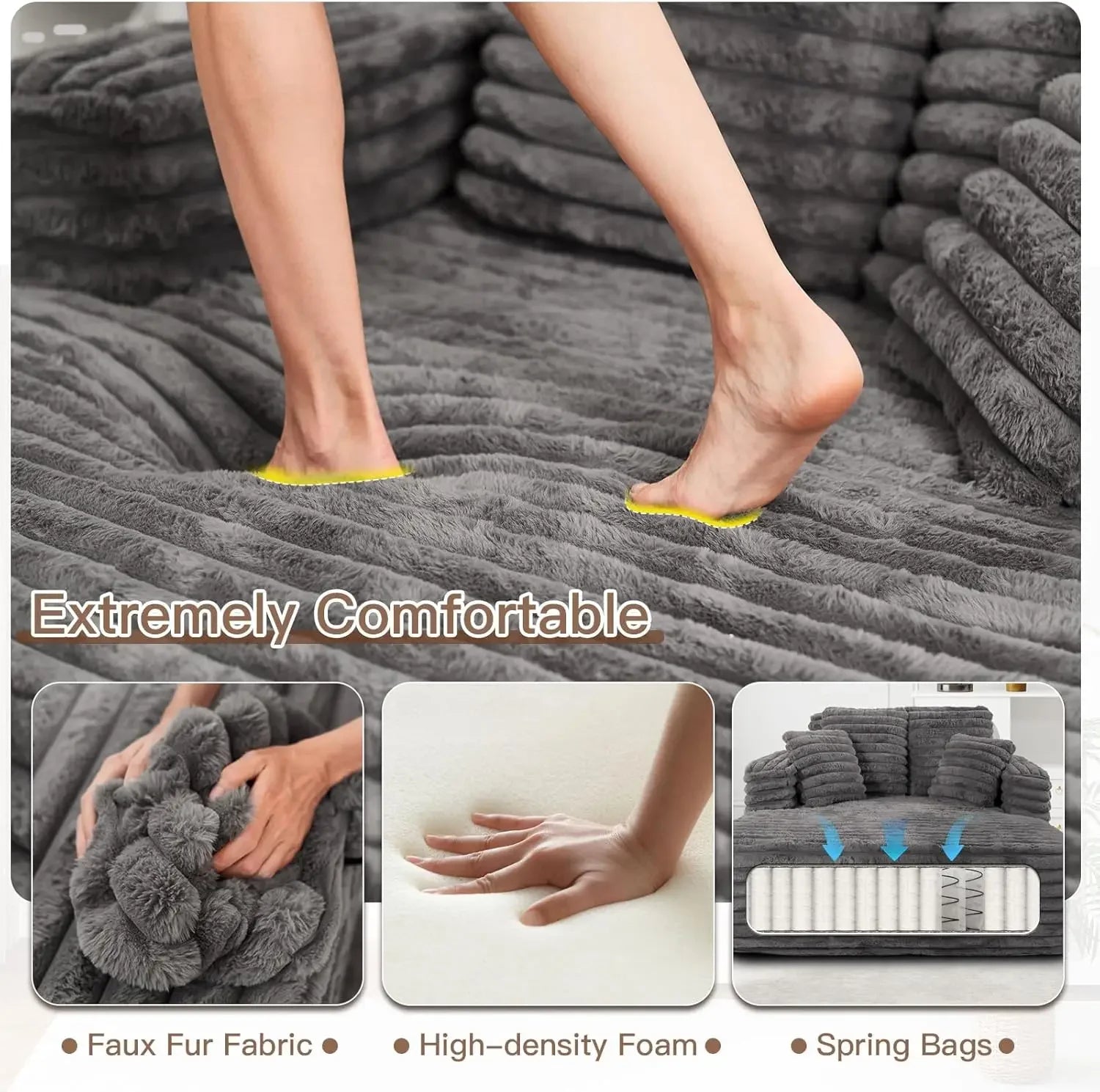 [Limited Stock!]56’’W Oversized Chaise Lounge Chair Indoor,Plush Faux Fur Sleeper Sofa Couch Bed with Pillows&Wide