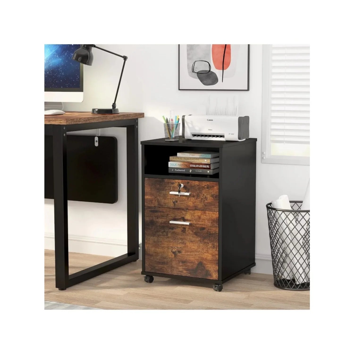Mobile File Cabinet with Lock Modern Printer Stand with Rolling Wheels Open Storage Shelf for Home Office (Brown)
