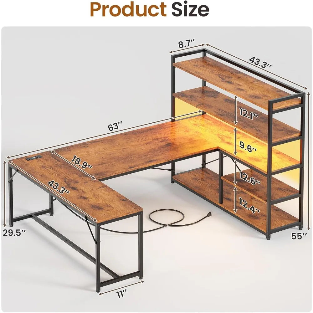 L Shaped Desk with Storage Shelves 63” Reversible U Shaped Office Desk Gaming Desk with Power Outlet and LED Lights