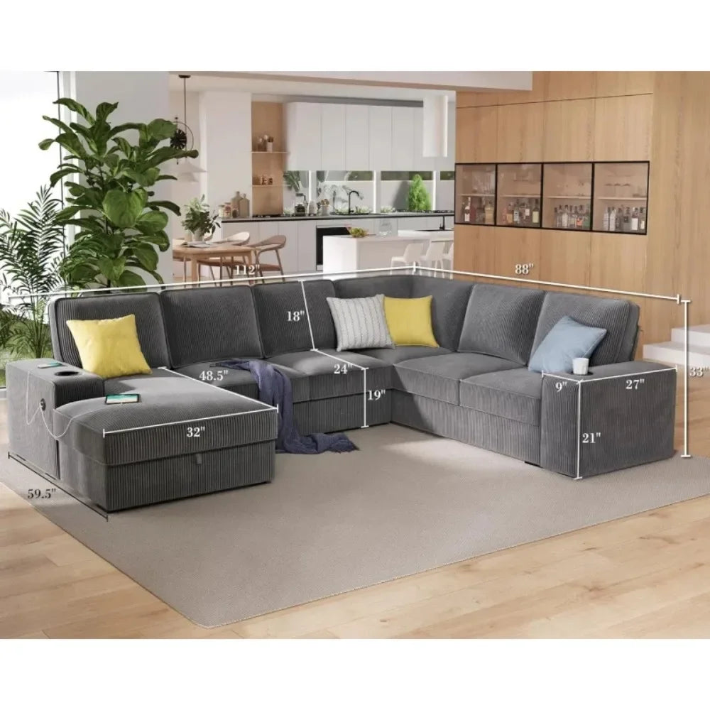 112 Inch Sectional,Oversized Storage Chaise,U Shaped Sofa with USB Ports,Corduroy Couch—Grey