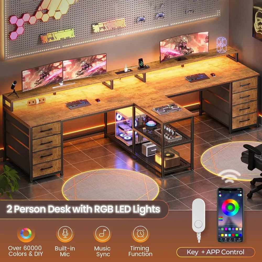 94.5’’ 2 Person Gaming Desk Long Office Computer Desk with 8 Drawers & LED Lights Two Person Desk with Storage Power St
