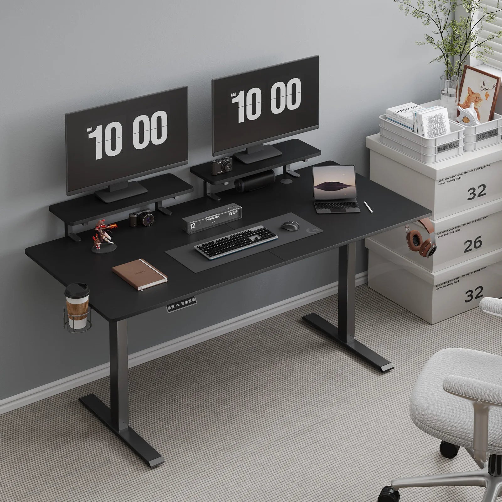 Standing Desk w/ 2 Adjustable Monitor Shelves,Electric Stand Up Desk with Memory Controller & Adjustable Height - 55