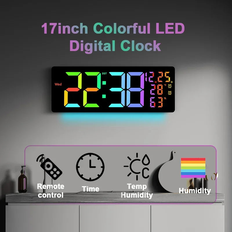 17’’ Large Digital Alarm Clock with 11Colors & Dynamic RGB Display RGB LED Wall Clock with Colour Changing/Dual