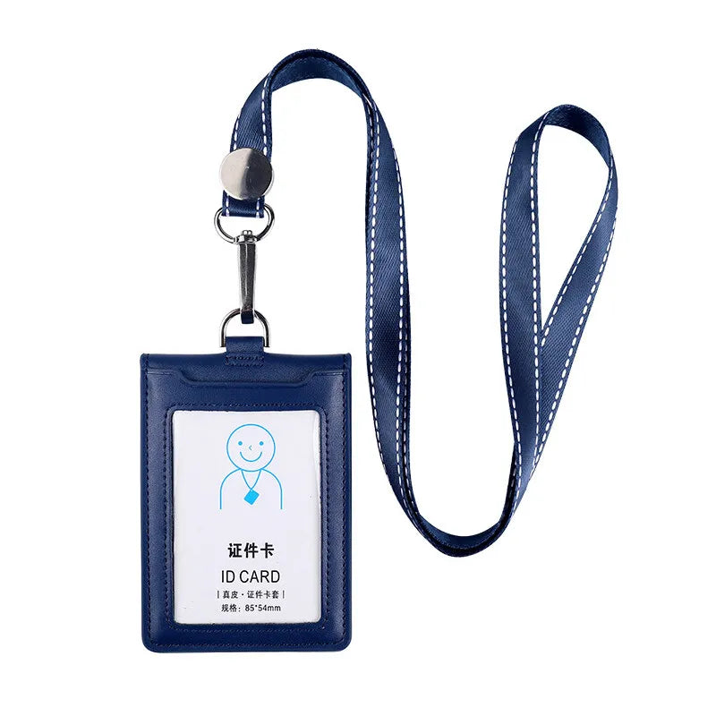 Cowhide ID Card Holder Business Document Case Leather Factory Staff Office Workers Badge Tag Cases with Lanyard