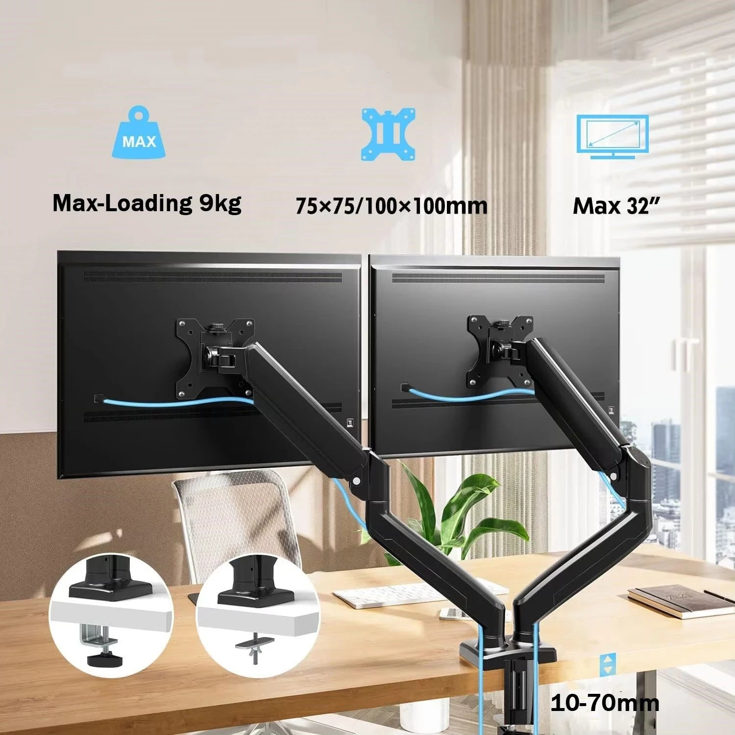 Dual Monitor Mount for 13″–32″ Screens Adjustable Dual Monitor Stand with 180° Swivel Tilt 360° Rotation for Home Office