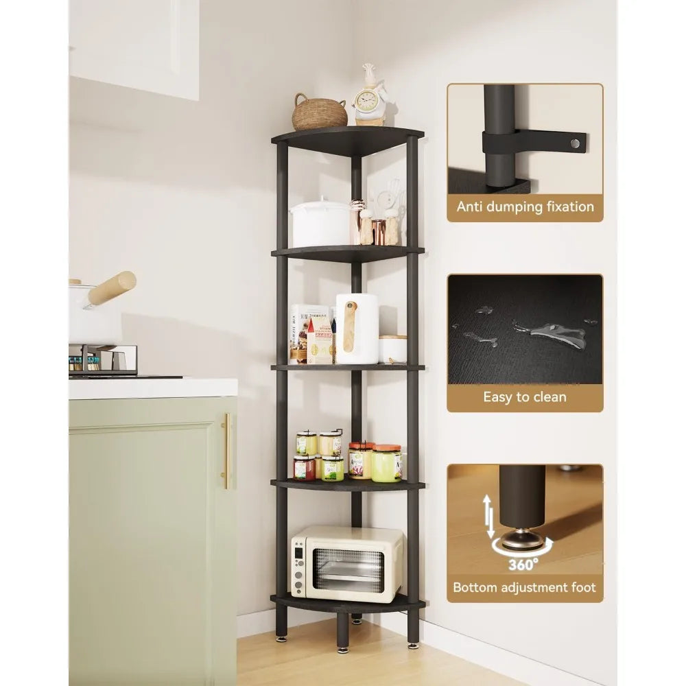 5 Tier Corner Shelf Stand,Industrial Corner Display Rack,Corner Bookshelf for Living Room Bedroom Kitchen Home Office