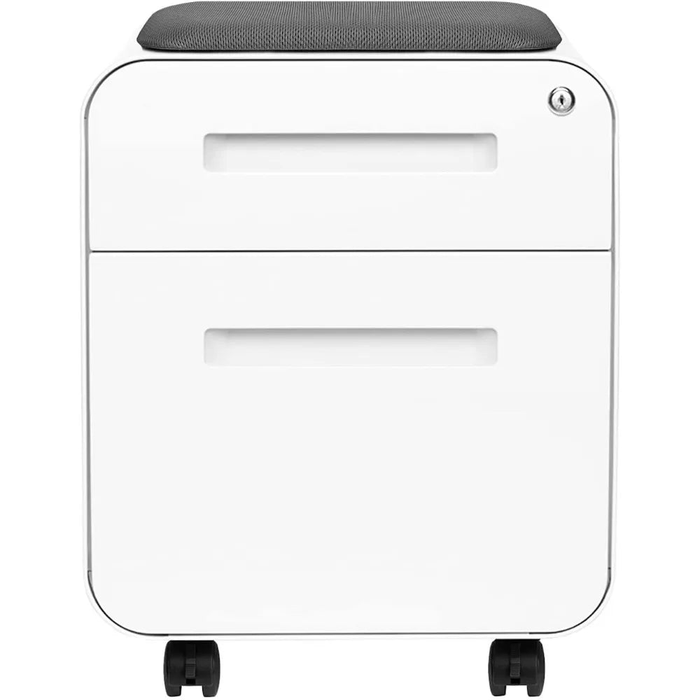STOCKPILE Mini Seated 2 Drawer Mobile File Cabinet with Removable Magnetic Cushion Seat - Short Version Metal Filing