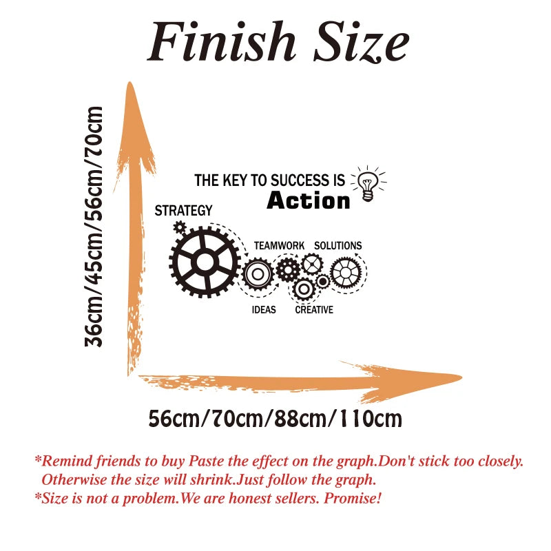 Teamwork Gears Office Inspire Quote Wall Sticker The Key To Success Is Action Ideas Motivational Quote Wall Decal Vinyl