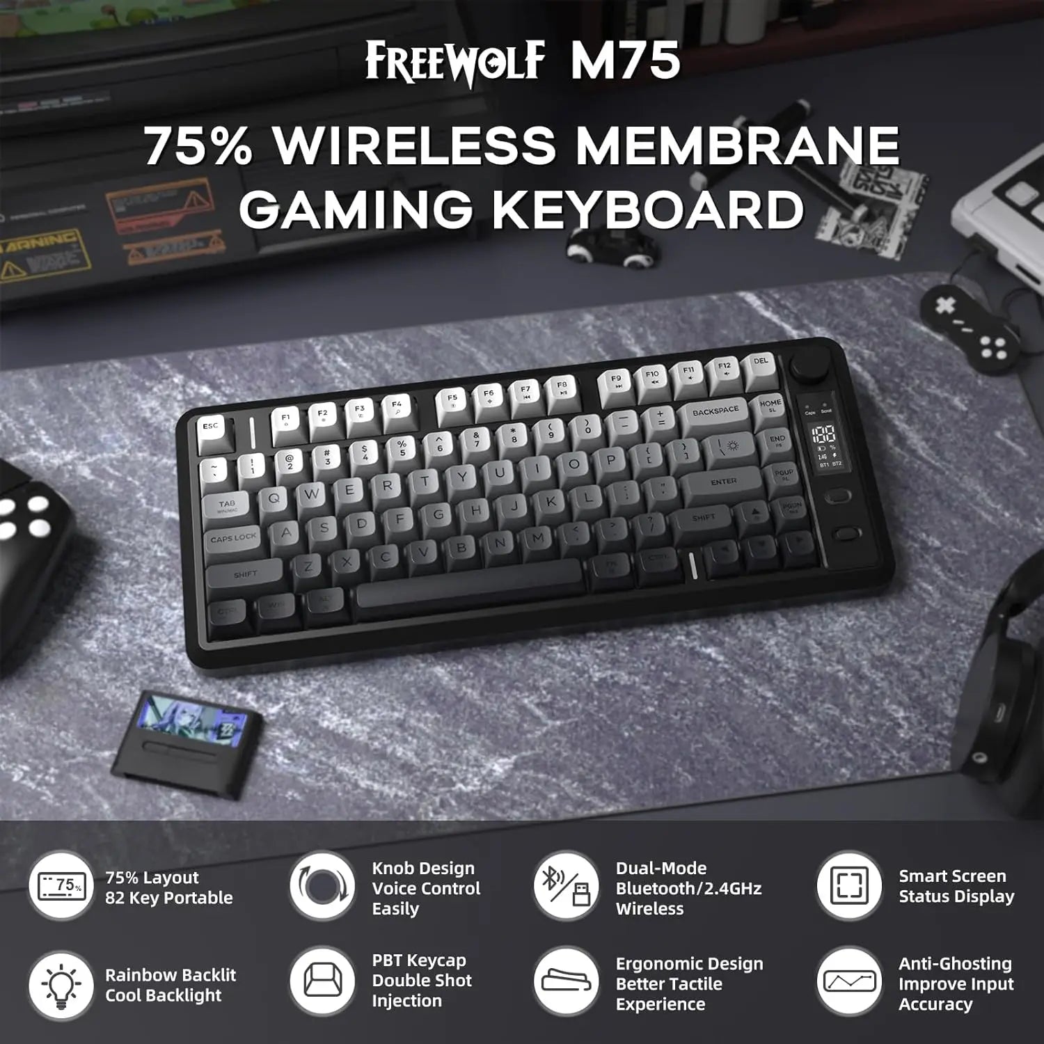 ATTACK SHARK M75 Wireless Membrane Gaming Keyboard with Knob&OLED Display Bluetooth/2.4Ghz Rainbow Backlit Gradient PBT