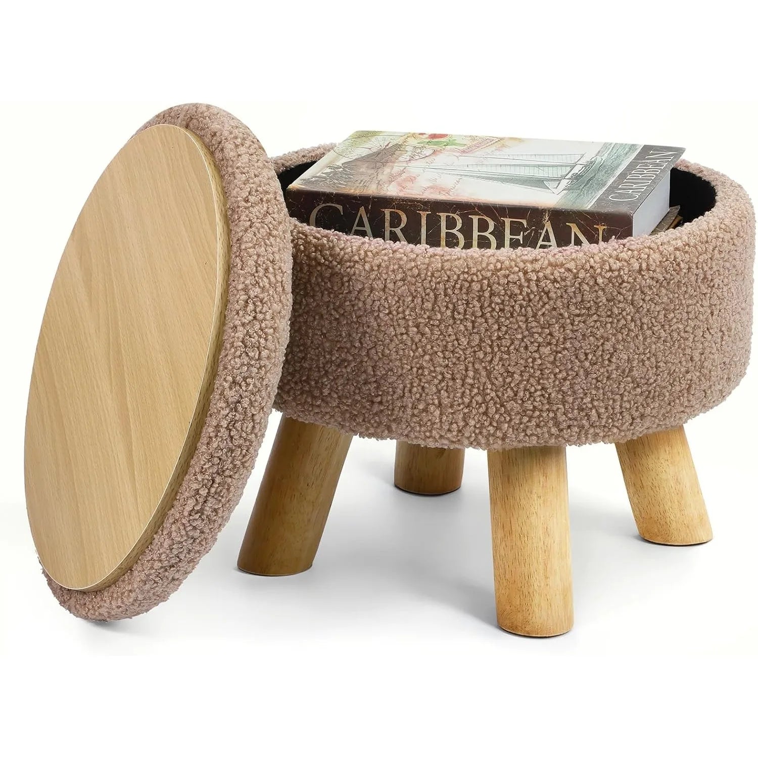 Nordic Boucle Ottoman Footstool with Storage | Round Velvet Pouf with Wooden Legs for Living Room Sofa Camel - United