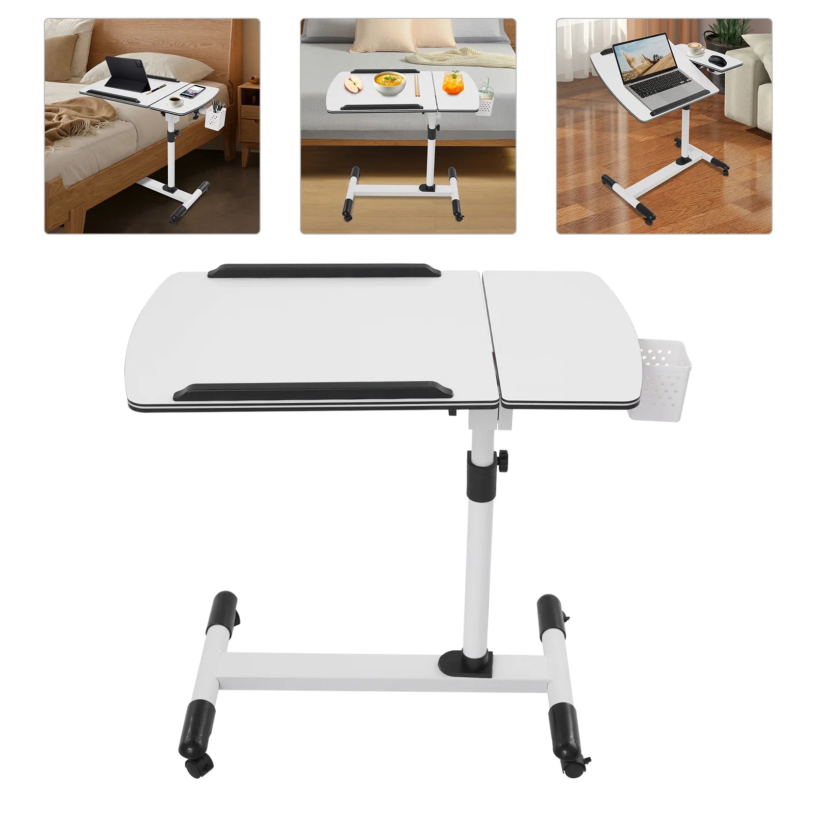 MDF Overbed Table,White/Black Rectangular Height Adjustable Over Bed Bedside Desk Floorstanding 68*40cm for Placing