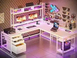 Two-Person L-Shaped Desk with Hutch Monitor Shelf and Storage Drawers - United States / White