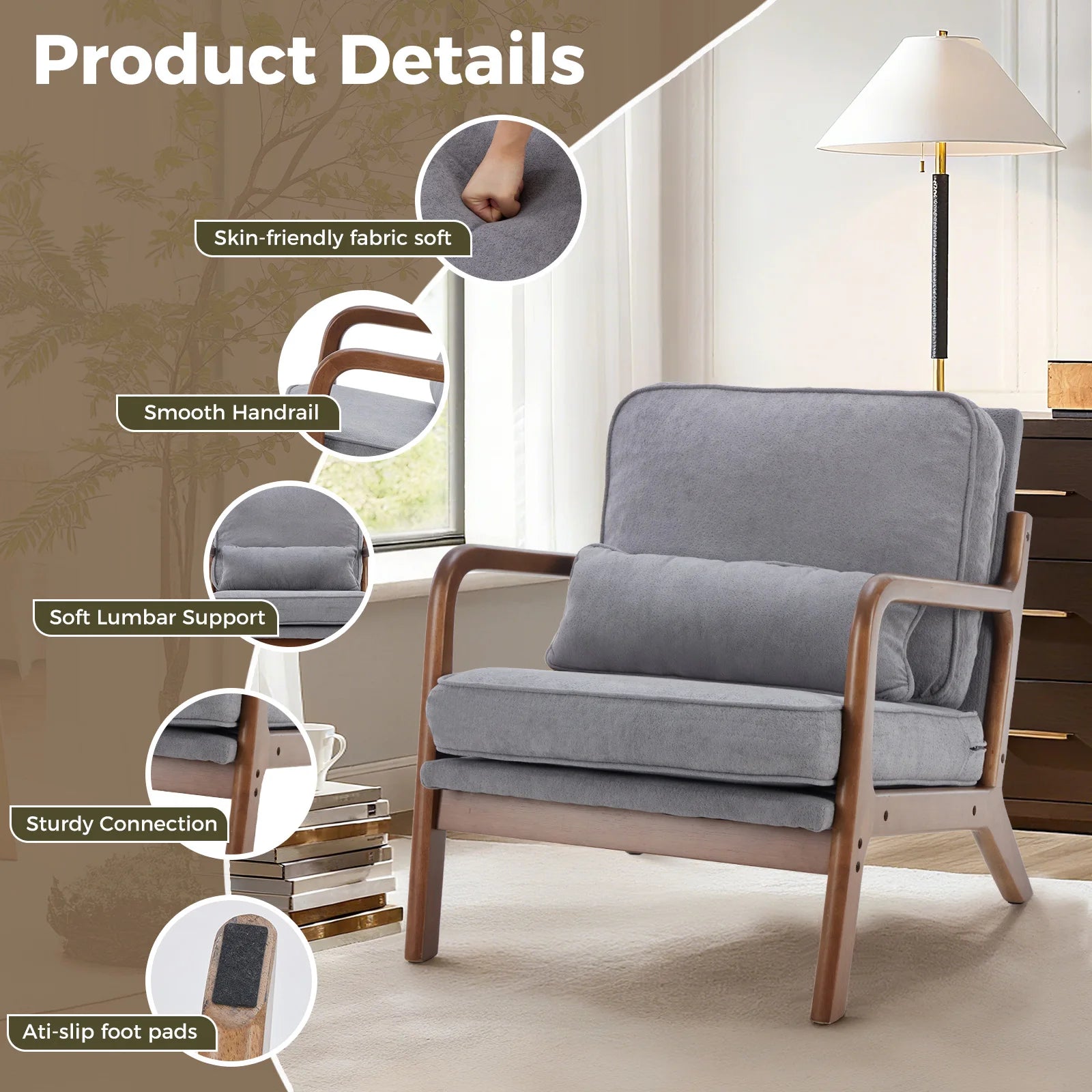 JHK Mid Century Modern Chair Solid Wooden Frame Accent Chair with Arms and Waist Cushion Reading Chairs for Adults