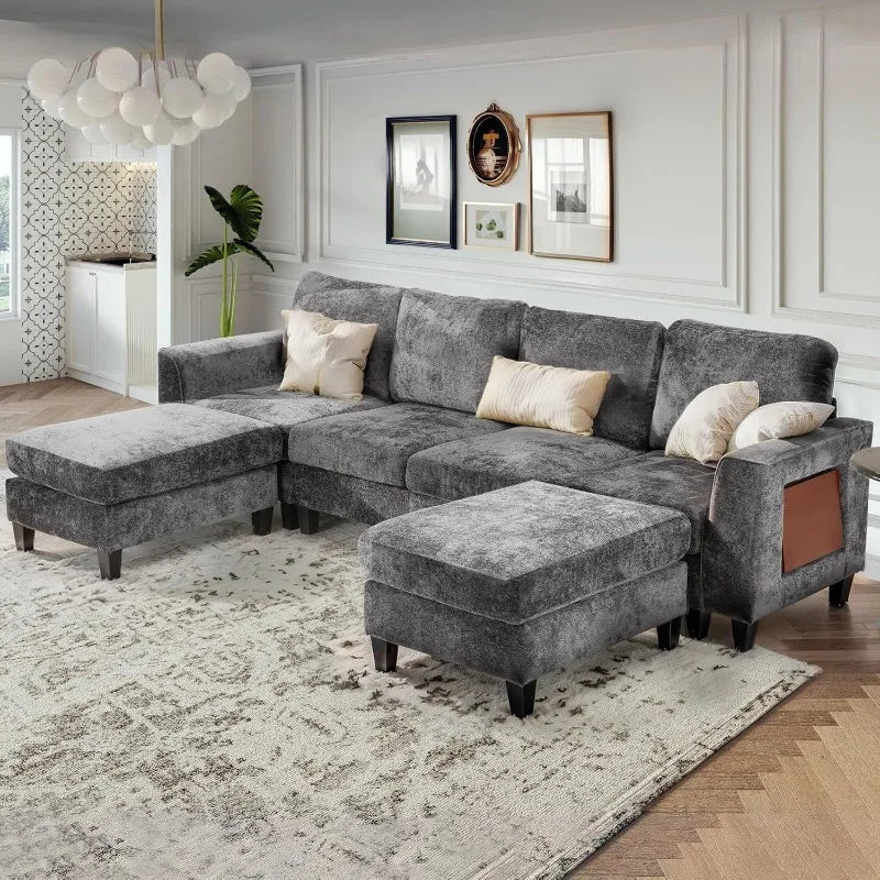 118’’ U-Shaped Sectional Couch 4-Seat Modular Sofa with 2 Ottomans and Foldable Side Table Grey for Living Room - Grey