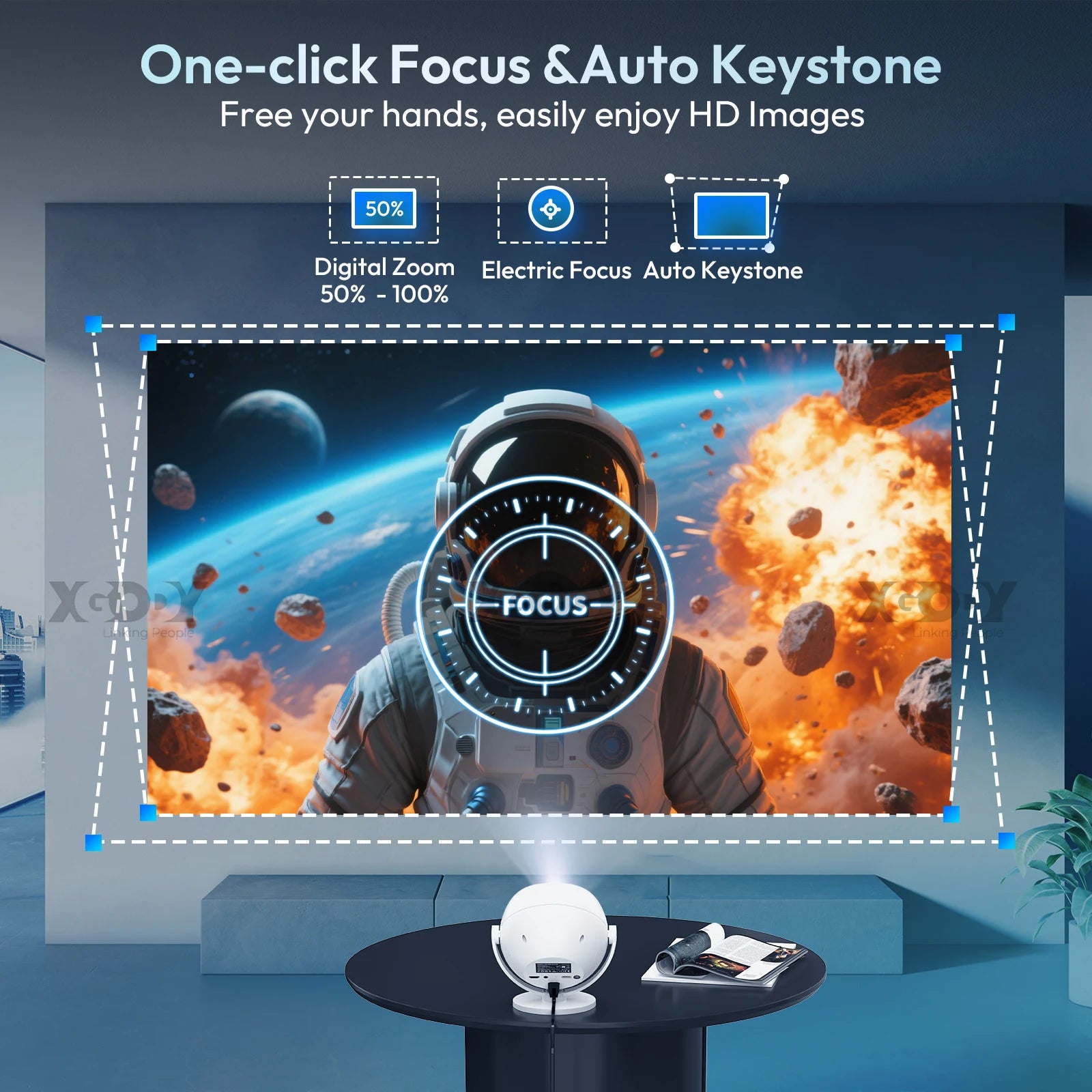 XGODY 350 ANSI 4K Portable Android Projector with WiFi6 Bluetooth 50% Zoom Electric Focus for Home Theater