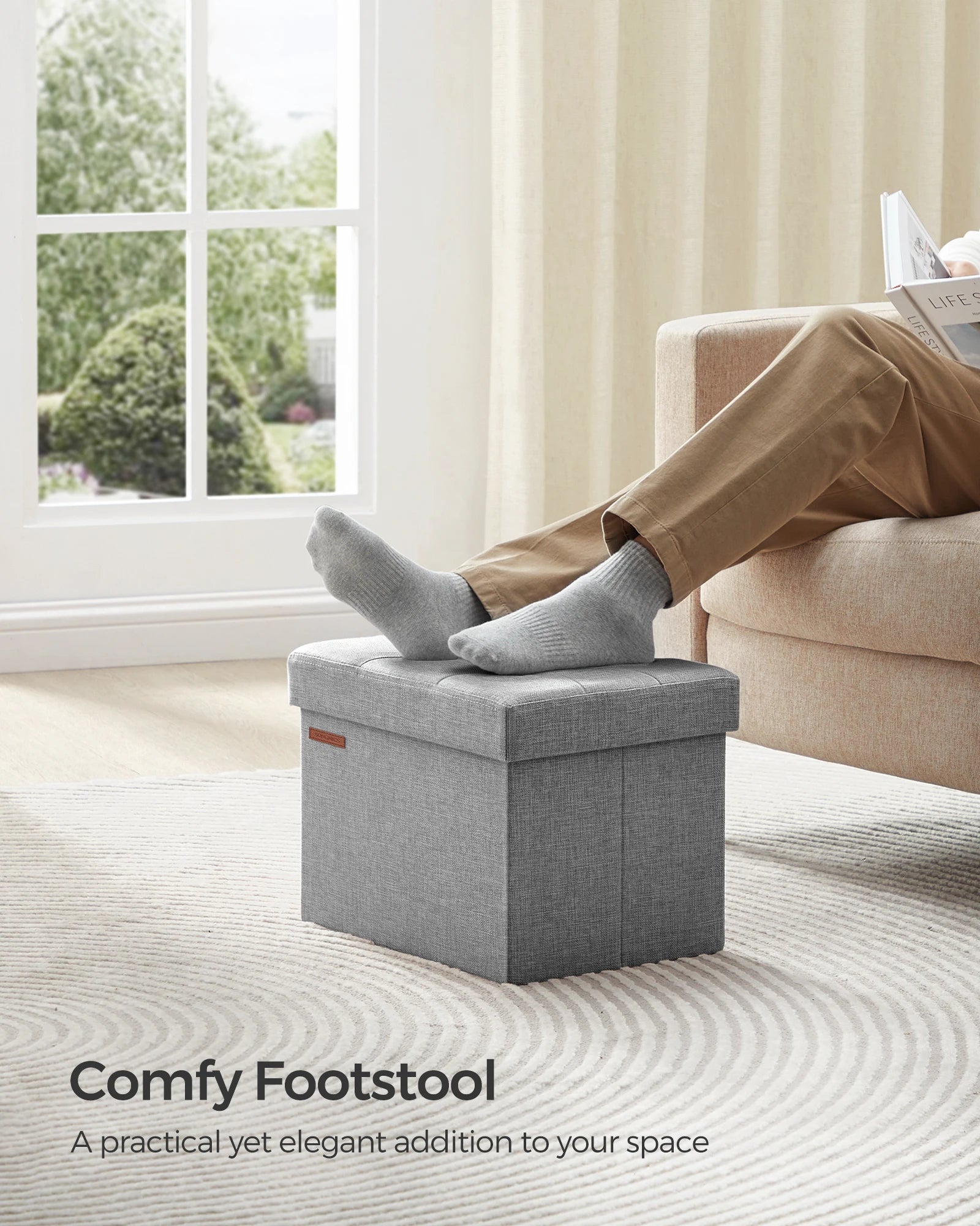 SONGMICS Small Folding Storage Ottoman Foot Rest Stool 12.2 x 16.1 x 12.2 Inches 286 lb Load Capacity for Living Room