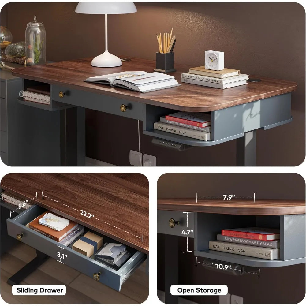 Whole Piece Mid Century Modern Electric Standing Desk with Drawer and Open Storage 48 x 24 Inches Sit Stand Home Office