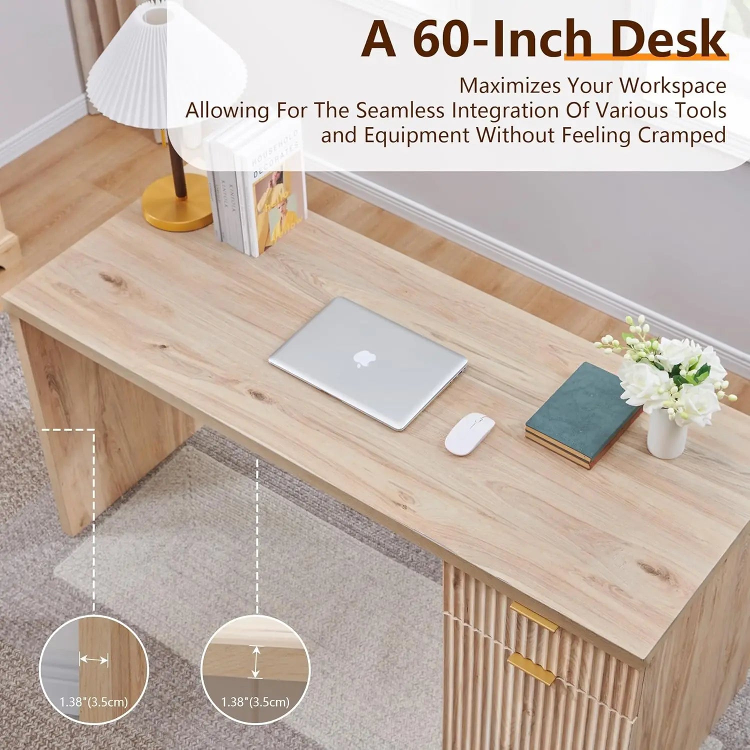 60’’ Modern Executive Desk with Storage Wood Home Office Desk with Drawer & Cabinet Fluted Computer Writing Desk