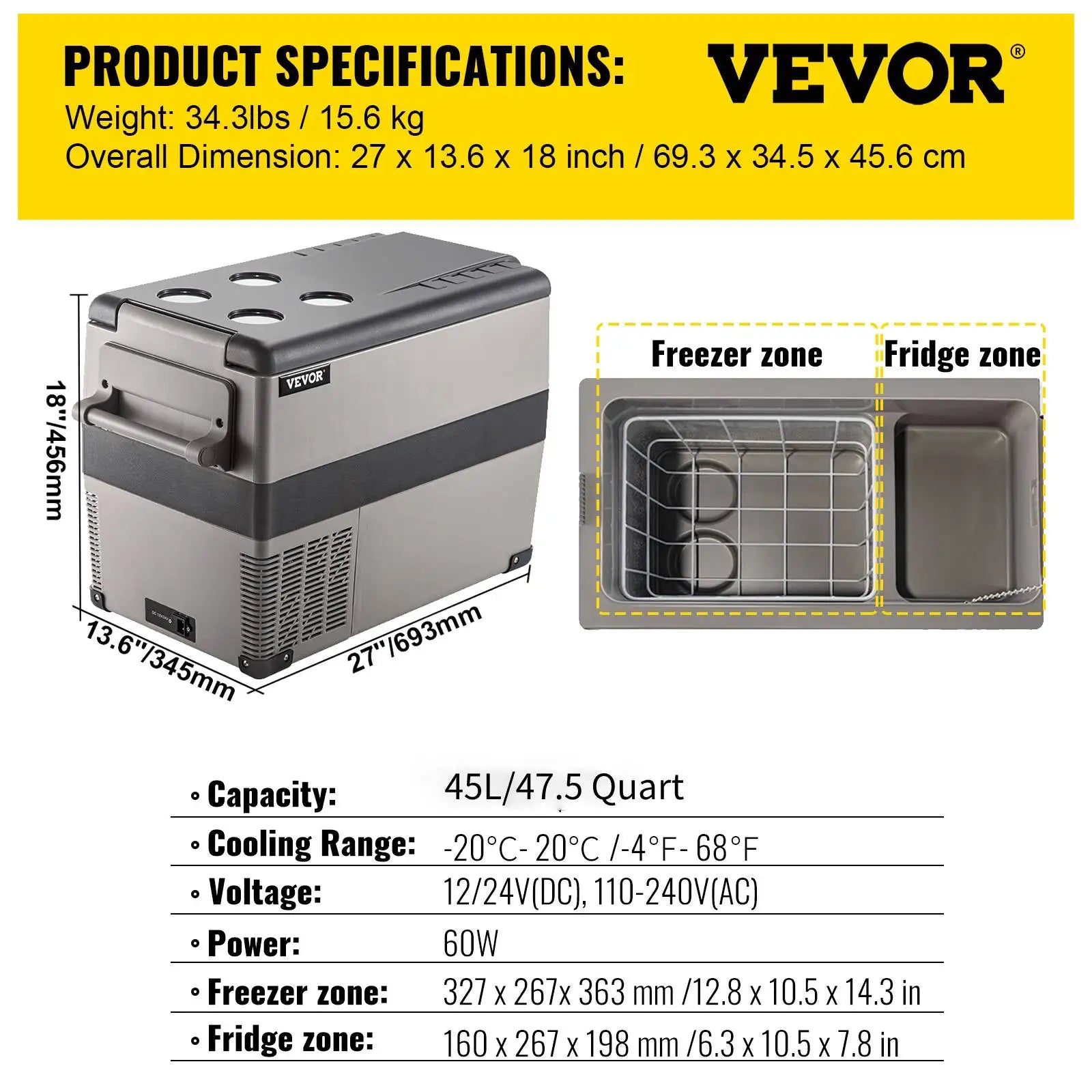 VEVOR 20L 22L 35L 45L 55L Car Refrigerator Mini Fridge Freezer Portable Compressor Cooler 12/24V DC 110-240V Ice Box