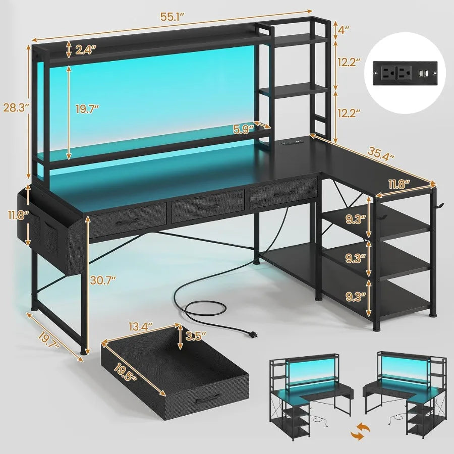 55 L Shaped Gaming Desk with Hutch and Drawers for Home Office or Gaming Room Corner Computer Desk with Adjustable