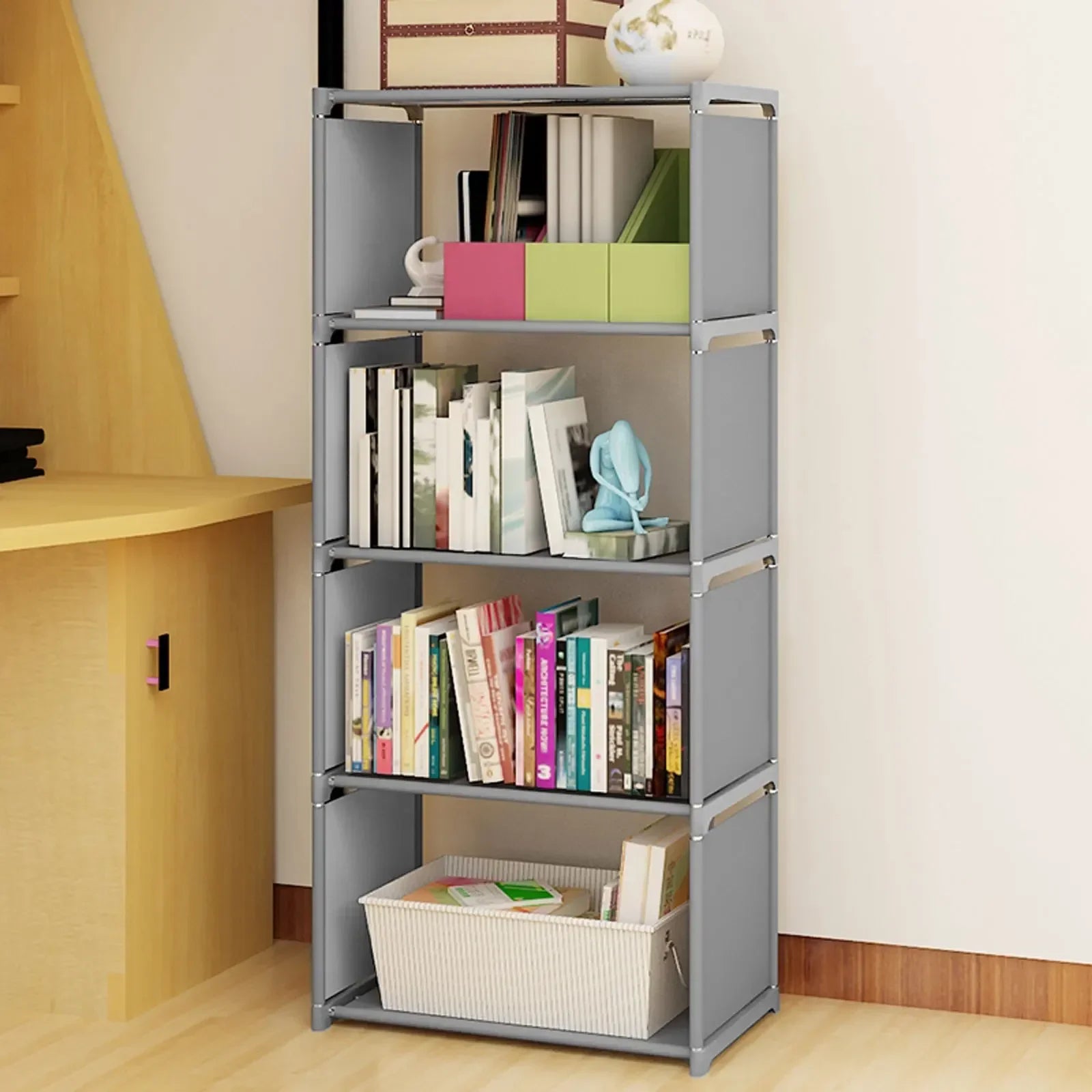 4-tier Bookcase Display Holder Book Storage Shelve Stand Light Gray Bookshelf Waterproof High Load-bearing Capacity