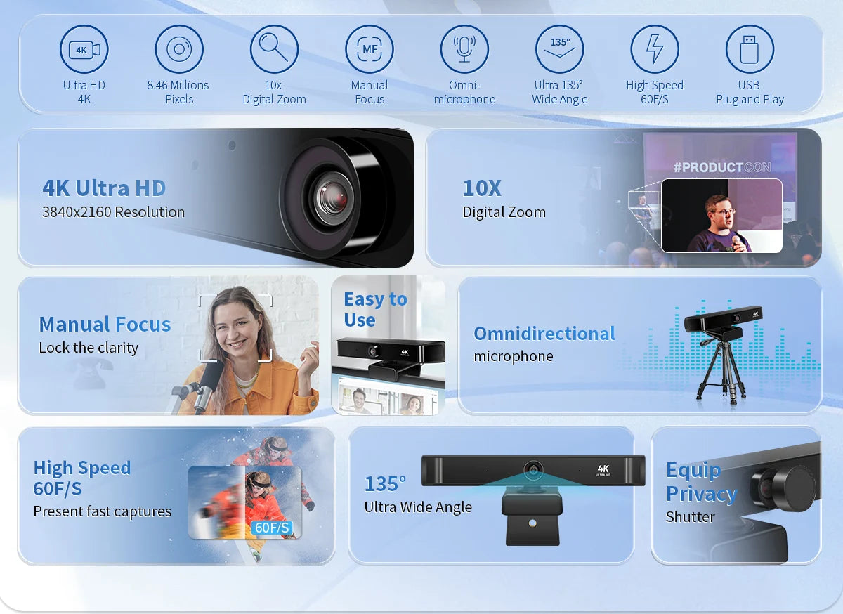 4K UHD 60fps 10x Zoom Auto Focal USB Webcam For Video Conference Online Teaching Boardcast Digital Camera Web Cam