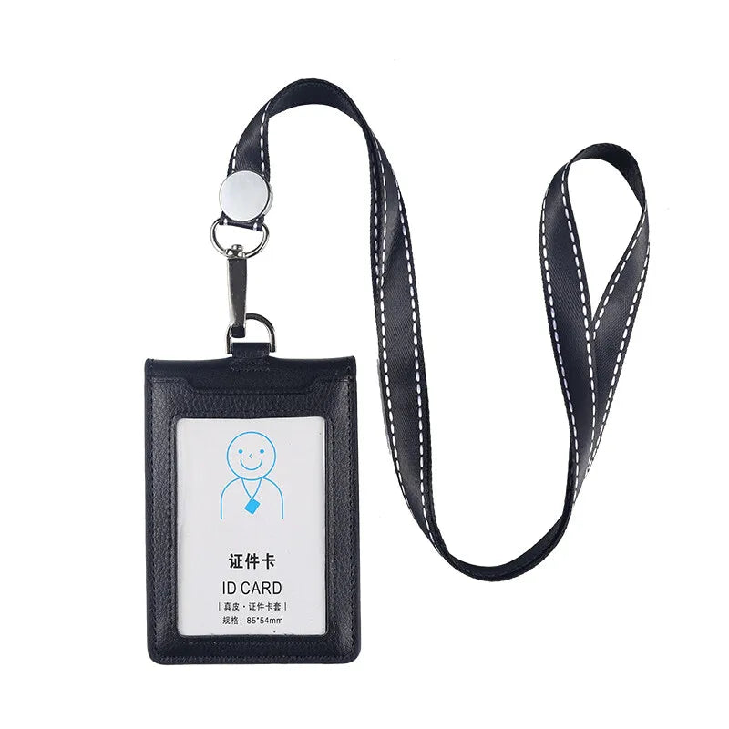 Cowhide ID Card Holder Business Document Case Leather Factory Staff Office Workers Badge Tag Cases with Lanyard