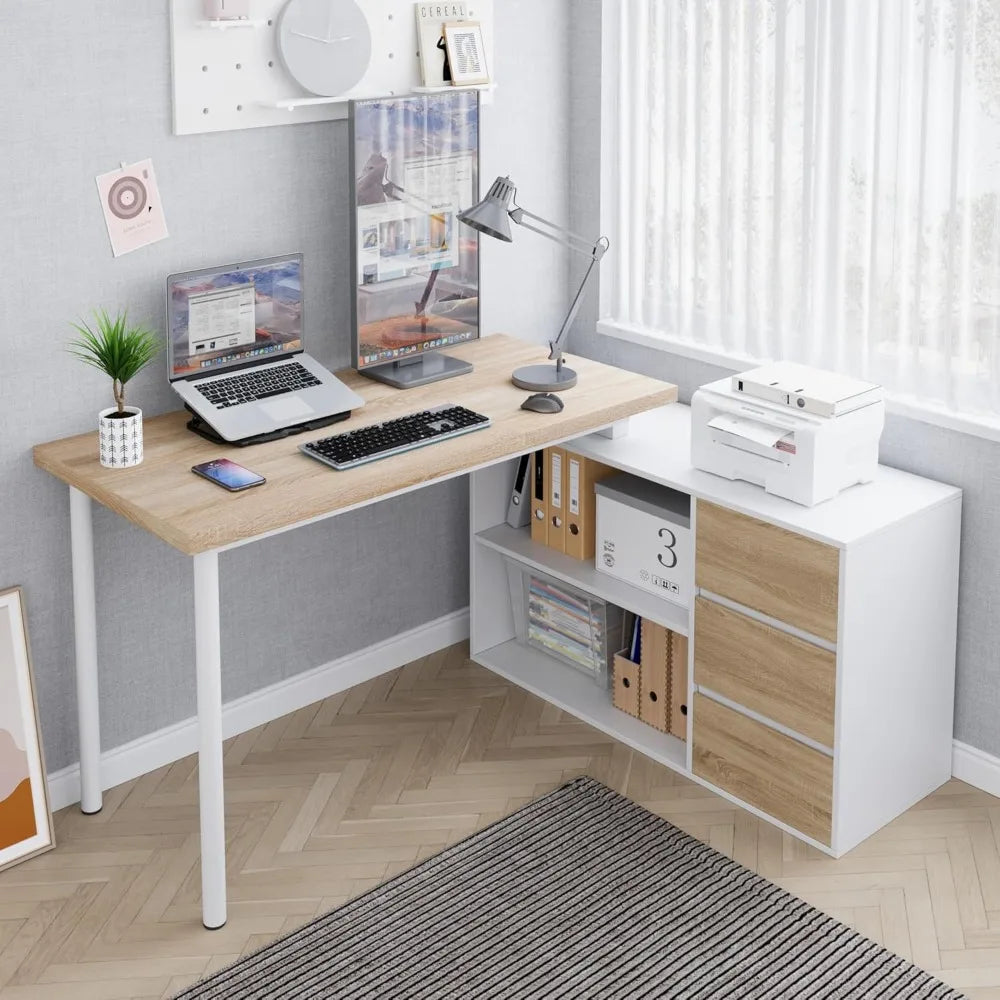 Home Office Computer Desk Corner Desk with 3 Drawers and 2 Shelves 53-inch L-Shaped Study Desk with Storage