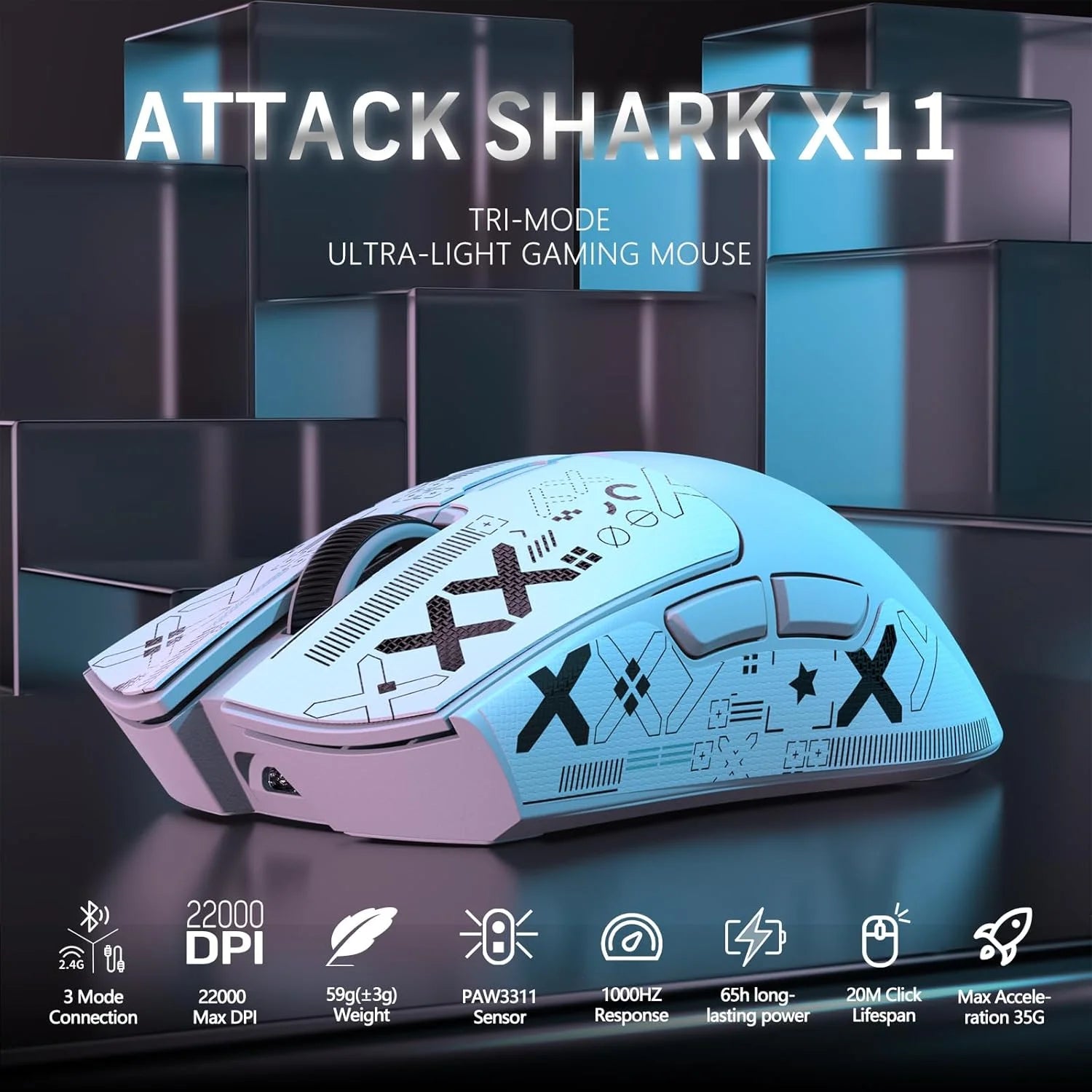 ATTACK SHARK X11 Wireless Gaming Mouse with RGB Magnetic Charging Dock Wired/2.4G/BT 22K DPI,Ultralight 59g Tri-Mode