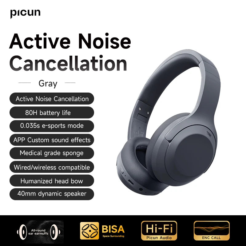 Picun F1 ANC Wireless Bluetooth 5.4 Hi-FI Audio Headphones 43dB Adaptive Noise Cancelling Headsets 40mm Driver 80H