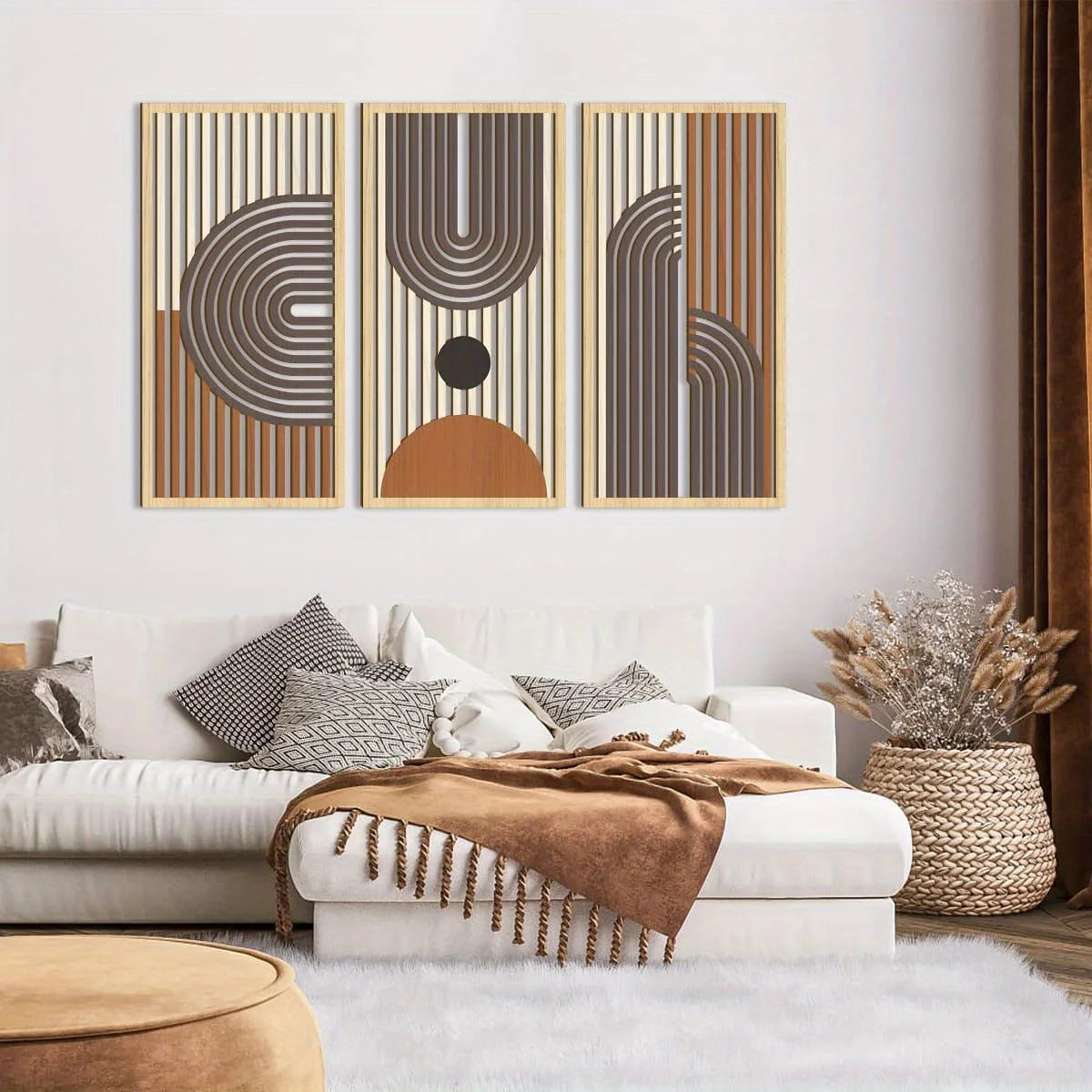 3PCS Modern Line Hollow Wooden Art Wall Decor Abstract Geometric Wall Sculptures Wall Decor for Bedroom Living Room