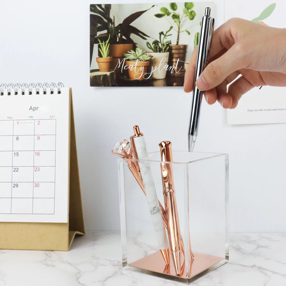 Pen Holder Clear Acrylic Makeup Brush Holder Pencil Holder Desk Organizer Cup Rose Gold Pencil Pot Office Organizer