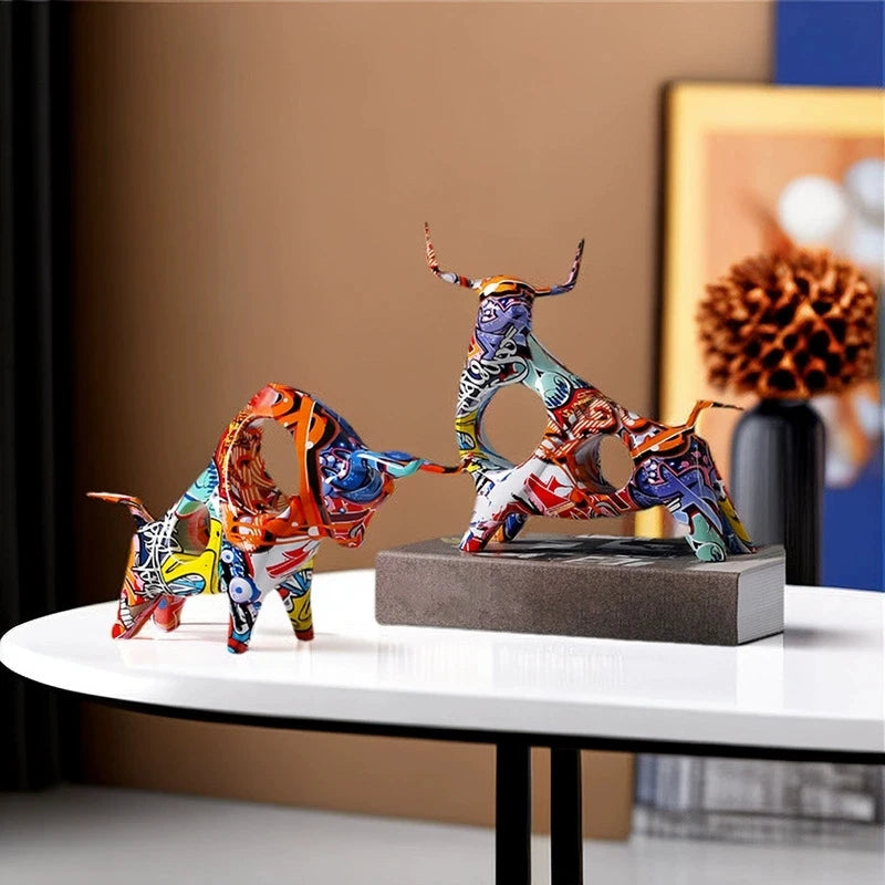 Resin Bull Statue Painted Colorful Cattle Figurine Animal Ox Sculpture Desktop Living Room Office Ornament Home Decor