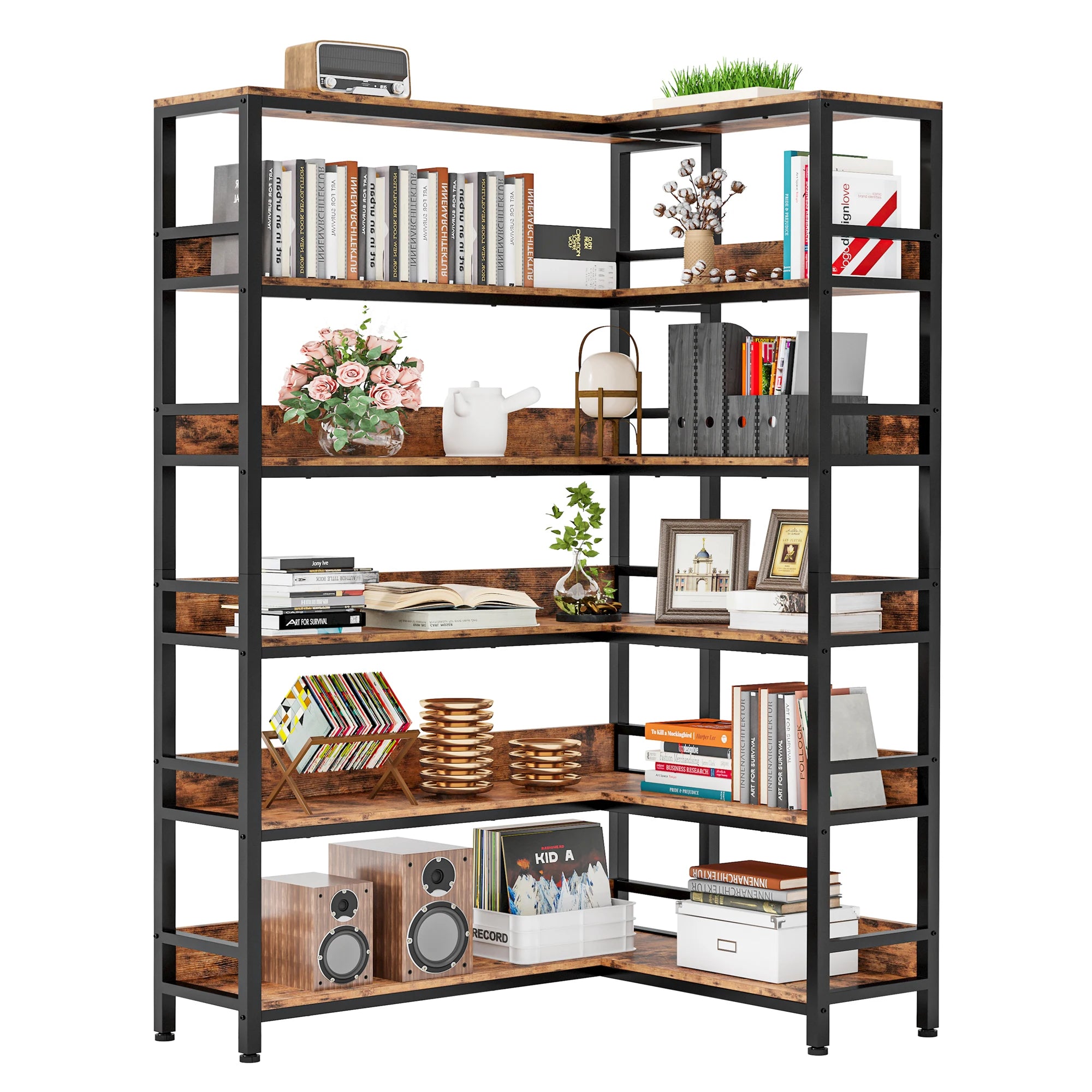 IRONCK Industrial Bookshelves 6 Tiers Corner Bookcases with Baffles Etagere Shelf Storage Rack with Metal Frame