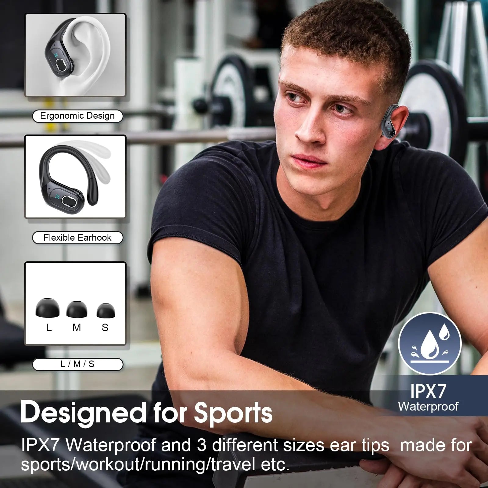 Wireless Earbuds Bluetooth 5.4 75H Playtime Hi-Fi Stereo Deep Bass ENC Mic IPX7 Waterproof Earhooks Sport Earphones.